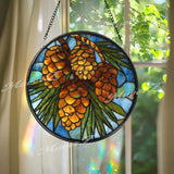 Pine Cone Stained Glass Suncatcher, Round Woodland Forest Window Panel, Rustic Cabin Nature Glass Art Lodge Style Home Decor Gift