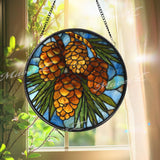 Pine Cone Stained Glass Suncatcher, Round Woodland Forest Window Panel, Rustic Cabin Nature Glass Art Lodge Style Home Decor Gift