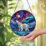 Polar Bear Stained Glass Suncatcher, Round Aurora Borealis Northern Lights Window Panel, Arctic Wildlife Glass Art Nature Home Decor Gift