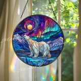 Polar Bear Stained Glass Suncatcher, Round Aurora Borealis Northern Lights Window Panel, Arctic Wildlife Glass Art Nature Home Decor Gift