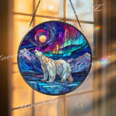 Polar Bear Stained Glass Suncatcher, Round Aurora Borealis Northern Lights Window Panel, Arctic Wildlife Glass Art Nature Home Decor Gift