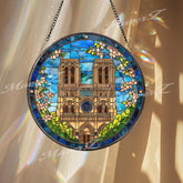 Notre Dame Cathedral Stained Glass Suncatcher, Round Paris Landmark Window Panel, Gothic Architecture Travel Cityscape Glass Art Home Decor