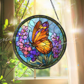 Monarch Butterfly Stained Glass Suncatcher, Round Floral Window Panel with Purple Flowers, Nature Garden Glass Art Spring Home Decor Gift