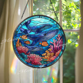 Whale Family Stained Glass Suncatcher, Round Ocean Coral Reef Window Panel, Nautical Sea Life Glass Art Coastal Marine Home Decor Gift