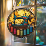 Vintage Sewing Machine Stained Glass Suncatcher, Round Colorful Thread Spools Window Panel, Quilting Seamstress Craft Room Glass Art Gift