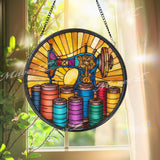Sewing Machine Stained Glass Suncatcher, Round Colorful Thread Spools Window Panel, Quilter Seamstress Craft Room Glass Art Decor Gift