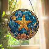 Starfish Stained Glass Suncatcher, Round Ocean Seashell Window Panel, Coastal Nautical Marine Sea Life Glass Art Beach Home Decor