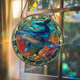 Whale Ocean Stained Glass Suncatcher, Round Underwater Coral Reef Window Panel, Marine Life Nautical Sea Glass Art Home Decor Gift