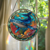Whale Ocean Stained Glass Suncatcher, Round Underwater Coral Reef Window Panel, Marine Life Nautical Sea Glass Art Home Decor Gift