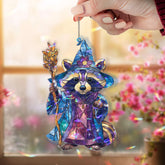 Wizard Raccoon Acrylic Suncatcher, Stained Glass Style Magical Animal with Staff Window Hanging, Fantasy Whimsical Home Decor Gift