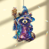 Wizard Raccoon Acrylic Suncatcher, Stained Glass Style Magical Animal with Staff Window Hanging, Fantasy Whimsical Home Decor Gift