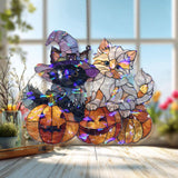Halloween Cats Acrylic Suncatcher, Stained Glass Style Kittens with Pumpkins and Witch Hat, Cute Spooky Window Hanging Holiday Decor