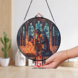Knight Stained Glass Suncatcher, Round Medieval Warrior Window Panel with Fire, Gothic Fantasy Glass Art Home Decor for History Lovers