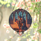 Knight Stained Glass Suncatcher, Round Medieval Warrior Window Panel with Fire, Gothic Fantasy Glass Art Home Decor for History Lovers
