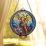 Archangel Michael Stained Glass Suncatcher, Round Angel Warrior Window Panel with Sword, Spiritual Gothic Glass Art Home Decor