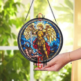 Archangel Michael Stained Glass Suncatcher, Round Angel Warrior Window Panel with Sword, Spiritual Gothic Glass Art Home Decor