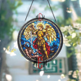 Archangel Michael Stained Glass Suncatcher, Round Angel Warrior Window Panel with Sword, Spiritual Gothic Glass Art Home Decor