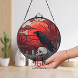 Raven and Skull Stained Glass Suncatcher, Round Gothic Cemetery Window Panel with Blood Moon, Dark Fantasy Glass Art Home Decor