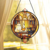 Ghost and Cat Stained Glass Suncatcher, Round Cozy Library Window Panel with Books and Coffee, Cute Gothic Halloween Glass Art Decor