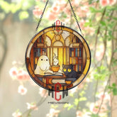 Ghost and Cat Stained Glass Suncatcher, Round Cozy Library Window Panel with Books and Coffee, Cute Gothic Halloween Glass Art Decor