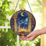Moon and Book Stained Glass Suncatcher, Round Library Window Panel with Starry Sky, Mystical Glass Art Home Decor for Book Lovers