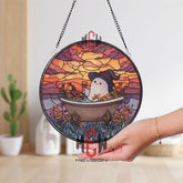 Ghost in Bathtub Stained Glass Suncatcher, Round Sunset Window Panel with Witch Hat and Wine, Cute Gothic Halloween Glass Art