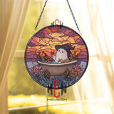 Ghost in Bathtub Stained Glass Suncatcher, Round Sunset Window Panel with Witch Hat and Wine, Cute Gothic Halloween Glass Art