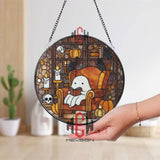 Ghost Reading Stained Glass Suncatcher, Round Cozy Halloween Window Panel with Candles, Pumpkins and Cats, Cute Gothic Glass Art