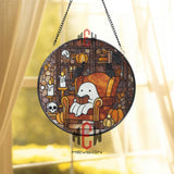 Ghost Reading Stained Glass Suncatcher, Round Cozy Halloween Window Panel with Candles, Pumpkins and Cats, Cute Gothic Glass Art