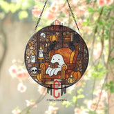 Ghost Reading Stained Glass Suncatcher, Round Cozy Halloween Window Panel with Candles, Pumpkins and Cats, Cute Gothic Glass Art