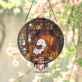 Ghost Reading Stained Glass Suncatcher, Round Cozy Halloween Window Panel with Candles, Pumpkins and Cats, Cute Gothic Glass Art