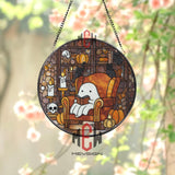 Ghost Reading Stained Glass Suncatcher, Round Cozy Halloween Window Panel with Candles, Pumpkins and Cats, Cute Gothic Glass Art