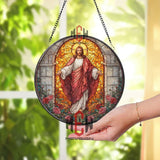 Jesus Christ Stained Glass Suncatcher, Round Religious Window Panel with Radiant Light and Roses, Christian Spiritual Home Decor