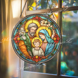 Holy Family Stained Glass Suncatcher, Round Religious Window Panel with Joseph, Mary and Child Jesus, Christian Spiritual Home Decor