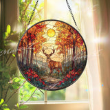 Deer in Autumn Forest Stained Glass Suncatcher, Round Nature Window Panel with Sunlight and Trees, Wildlife Glass Art Home Decor