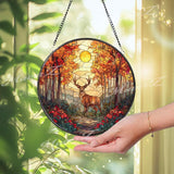 Deer in Autumn Forest Stained Glass Suncatcher, Round Nature Window Panel with Sunlight and Trees, Wildlife Glass Art Home Decor