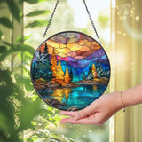Mountain Sunset Stained Glass Suncatcher, Round Nature Lake and Forest Window Panel, Colorful Landscape Glass Art Home Décor