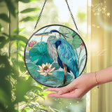 Blue Heron Stained Glass Suncatcher, Round Lotus Pond Window Panel with Water Lilies, Nature Bird Glass Art, Wetland Wildlife Home Decor