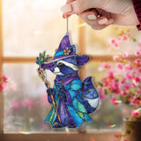 Raccoon Wizard Acrylic Suncatcher, Cute Animal in Hat and Robe with Magic Staff, Fantasy Woodland Window Hanging Home Decor Gift