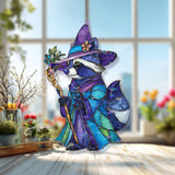 Raccoon Wizard Acrylic Suncatcher, Cute Animal in Hat and Robe with Magic Staff, Fantasy Woodland Window Hanging Home Decor Gift
