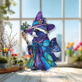 Raccoon Wizard Acrylic Suncatcher, Cute Animal in Hat and Robe with Magic Staff, Fantasy Woodland Window Hanging Home Decor Gift