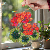 Geranium Acrylic Suncatcher, Red and Orange Floral Window Hanging with Green Leaves, Bright Botanical Flower Home Decor Gift