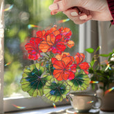 Geranium Acrylic Suncatcher, Red and Orange Floral Window Hanging with Green Leaves, Bright Botanical Flower Home Decor Gift