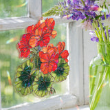 Geranium Acrylic Suncatcher, Red and Orange Floral Window Hanging with Green Leaves, Bright Botanical Flower Home Decor Gift