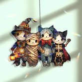 Halloween Cats Acrylic Suncatcher, Cute Kitty Group in Costumes Window Hanging, Witch Mummy Vampire Skeleton Holiday Home Decor Gift
