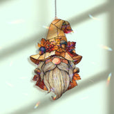 Autumn Gnome Acrylic Suncatcher, Fall Leaves and Acorns Window Hanging with Beard and Hat, Seasonal Rustic Home Decor Gift