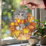 Autumn Cat Acrylic Suncatcher, Cute Kitty in Basket with Scarf and Fall Leaves, Cozy Seasonal Window Hanging Home Decor Gift