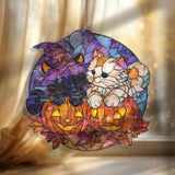Halloween Cats Acrylic Suncatcher, Pumpkin and Witch Hat Window Hanging, Cute Fall Kitty Jack O Lantern Holiday Home Decor Gift