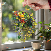 Frog Acrylic Suncatcher, Hanging Plant Window Decor with Green Leaves and Cute Tree Frog Design, Nature Animal Home Accent Gift