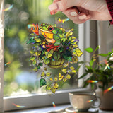 Frog Acrylic Suncatcher, Hanging Plant Window Decor with Green Leaves and Cute Tree Frog Design, Nature Animal Home Accent Gift